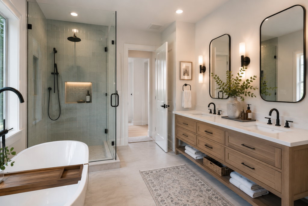 Double vanity full bath remodel Full bathroom remodel in Newton MA with tiled walk-in shower