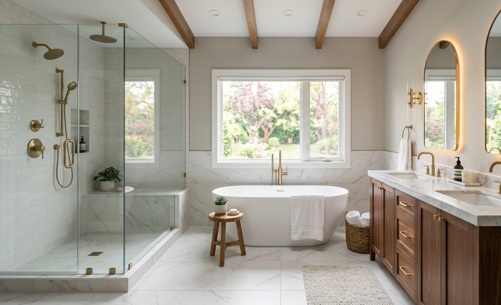 Garland Rd Primary Bath Full Gut Primary bathroom full gut renovation in progress in Newton, MA